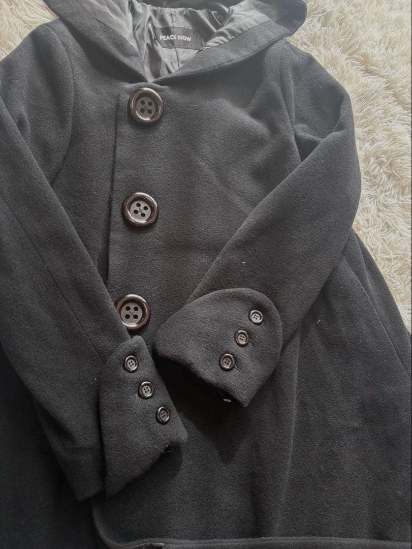 PEACE NOW フードロングコート 黒 M Aライン ピースナウ ウール
