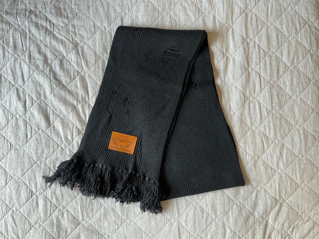 KAMIYA Distressesd Mufflar BLACK マフラー