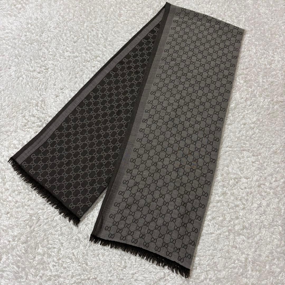 イタリア製　GUCCI ストール　GG柄　ブラウン　大判　ウール　シルク