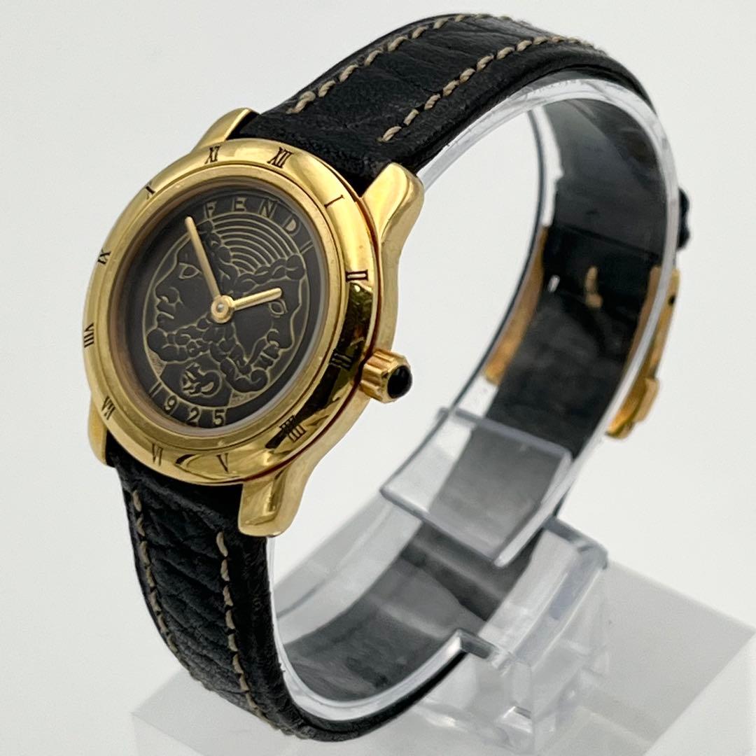 稼動 FENDI 800L ローマン ゴールドベゼル レザーベルト 腕時計