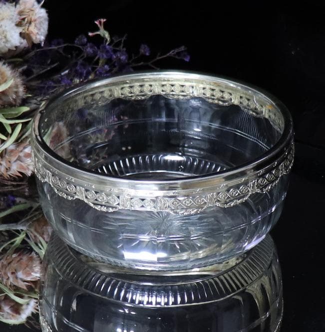 オールド・バカラ 1900年頃 多面体カット 銀装飾 大型鉢 ボウル 小物入れ