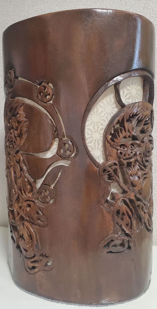 縁起物　希少蔵出し　風神　雷神　木製手彫り　彫刻入り置物 ライト付き