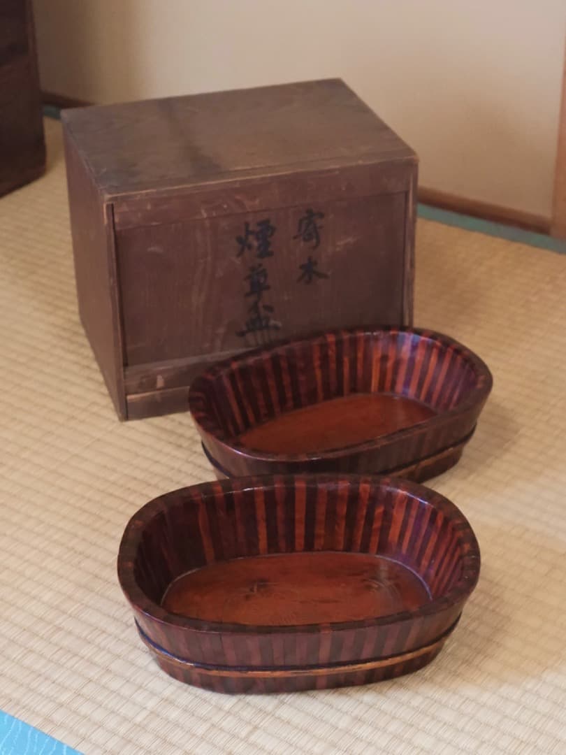 永辰祥造　唐木　寄木煙草盆　漆工芸　箱付　煙道具　茶道具Q2330