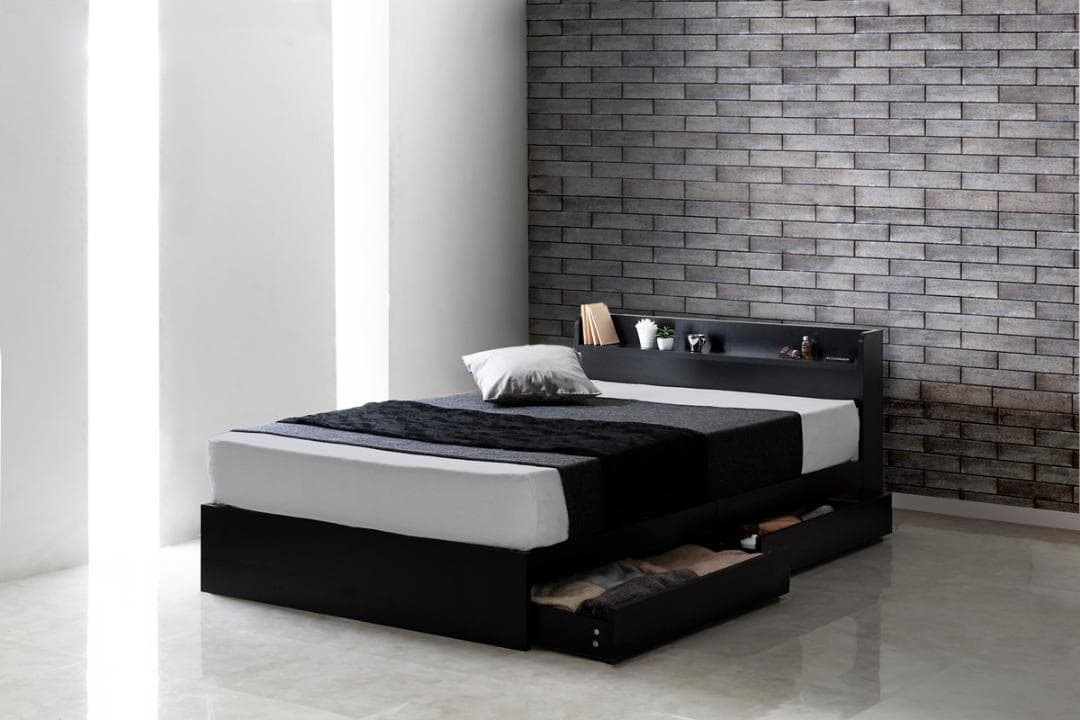 【ブラック　シングル　マットレスセット】シンプルで多機能なベッド