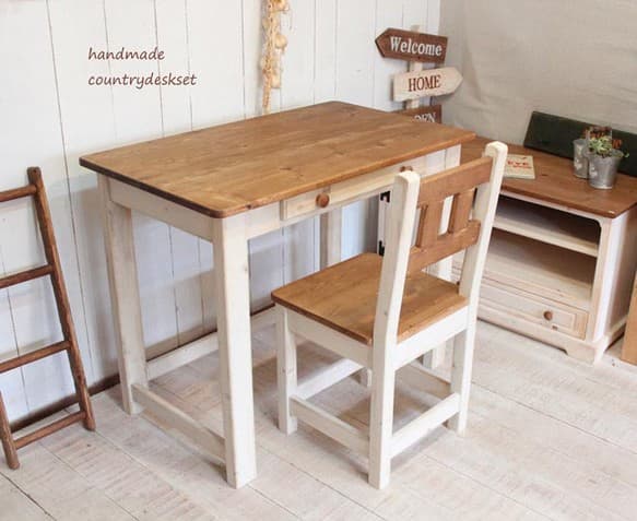 ハンドメイド　シャビーな1ドロワーカントリーデスク　イスセット