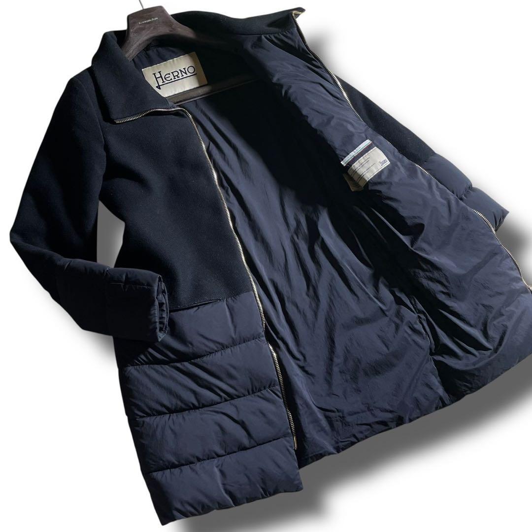 ①HERNO ヘルノ Aライン コンビダウンコート ネイビー系 レディース