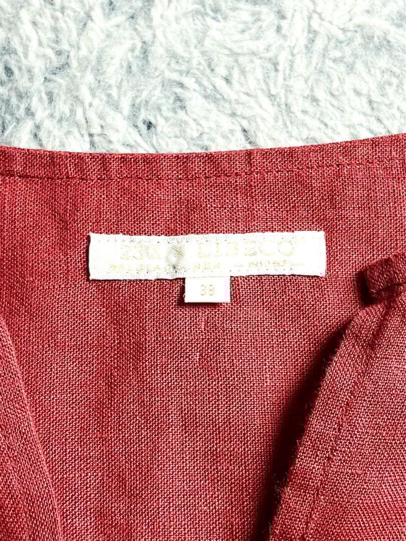 【23区】LIBECO 麻100% キーネックフレンチスリーブブラウス 赤 38