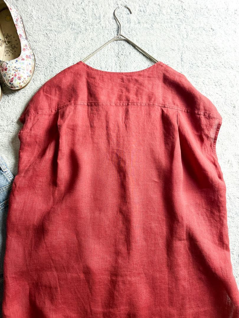 【23区】LIBECO 麻100% キーネックフレンチスリーブブラウス 赤 38