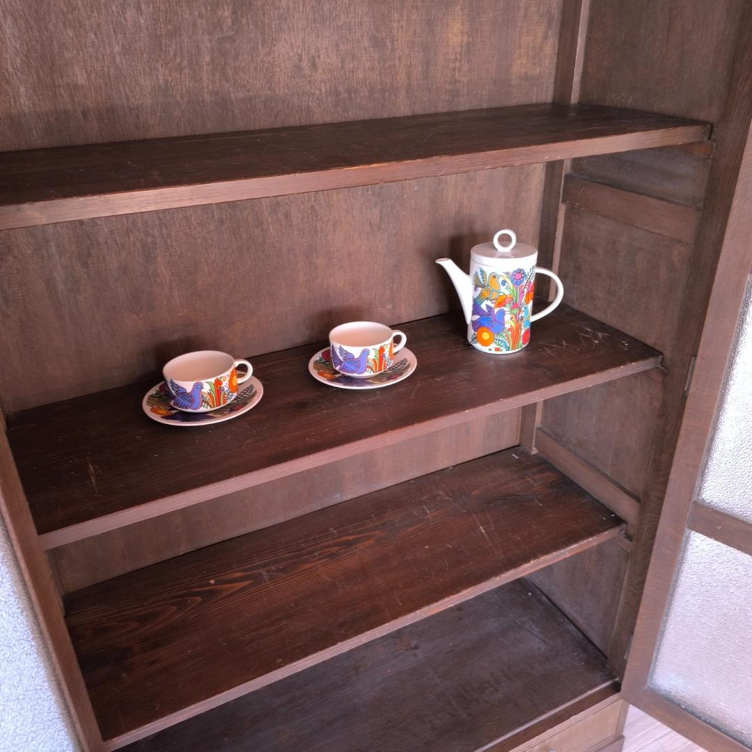 昭和レトロ ガラス戸付き木製本棚　アンティーク食器棚　鱗ガラス　ハンドメイド