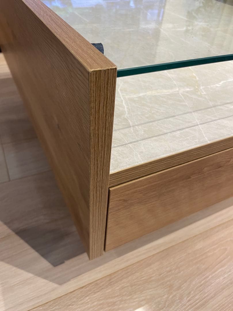 【6月中】lowya 木製センターテーブル ガラス天板 ストーン調 [幅84]