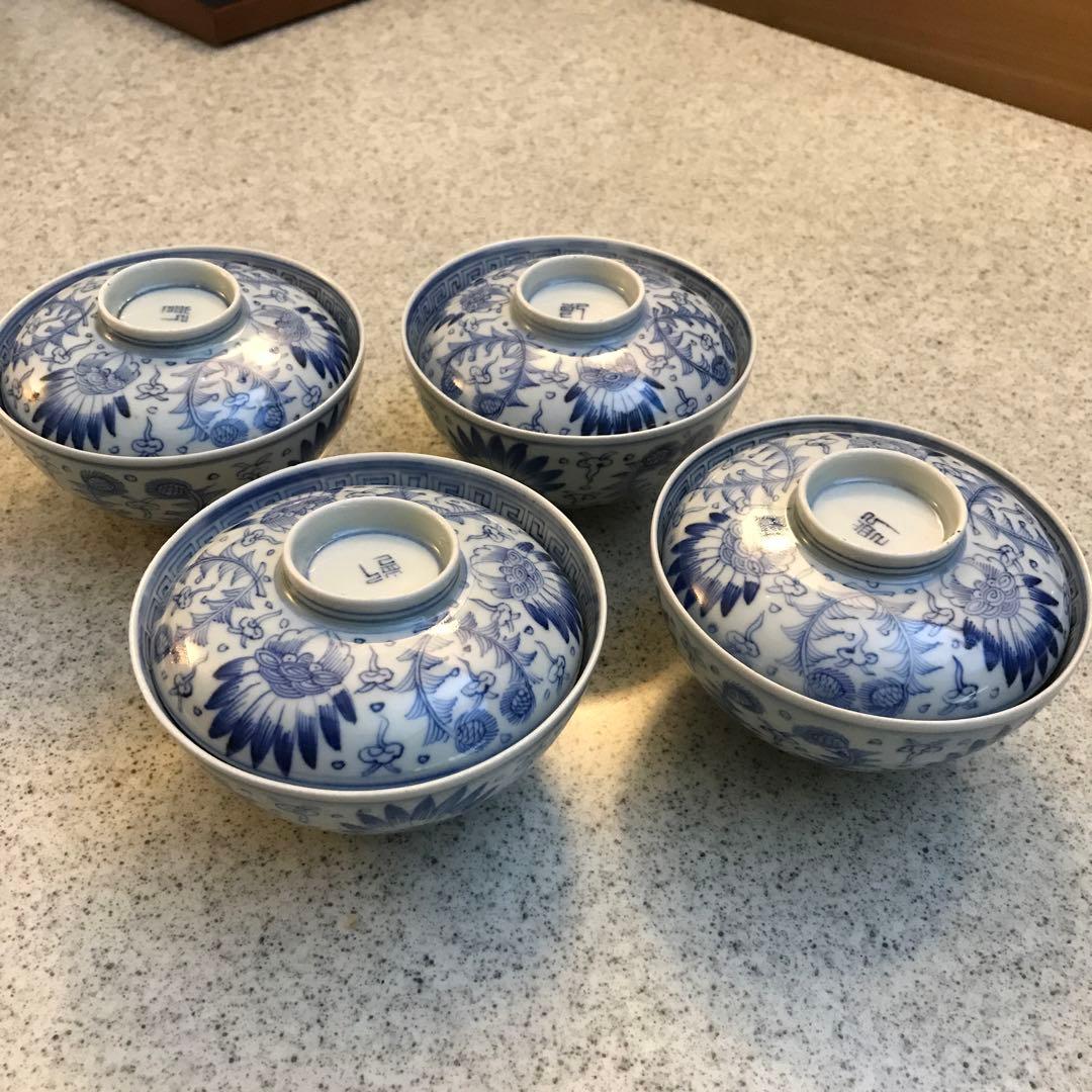 本物古伊万里　御飯茶碗蓋付き骨董美品4客揃い　江戸中期