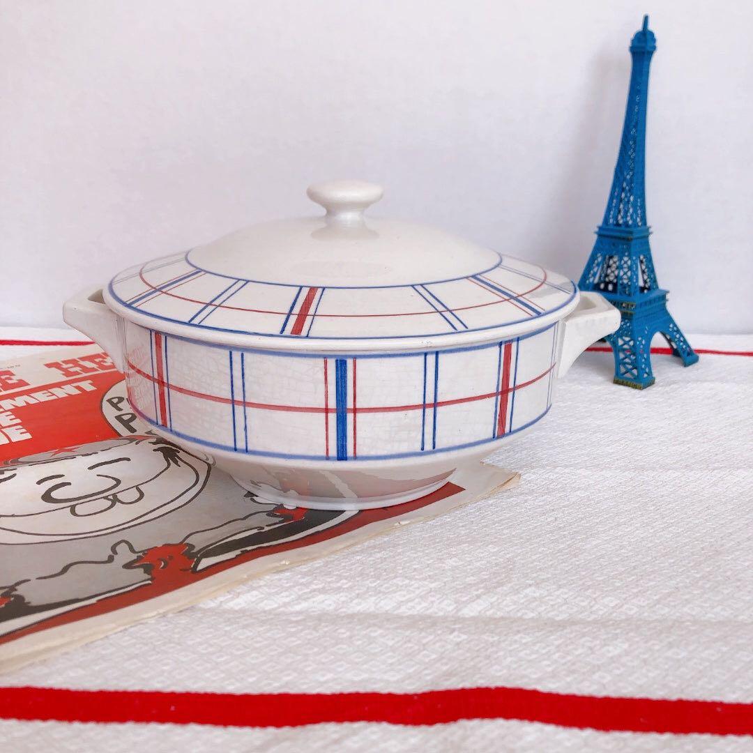 リュネビル バスク柄スーピエール　トリコロールカラー　フランスアンティーク食器