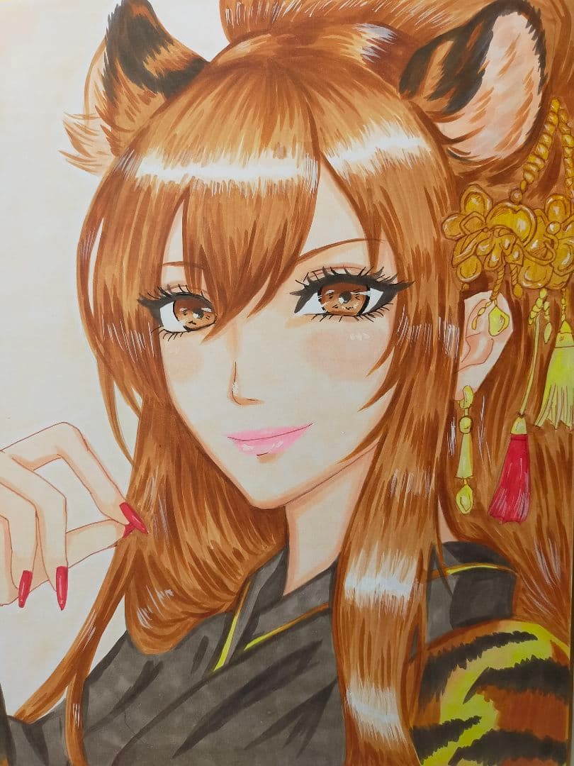 干支美人シリーズ「寅」虎女子｜手描きオリジナル原画｜コピック｜大色紙