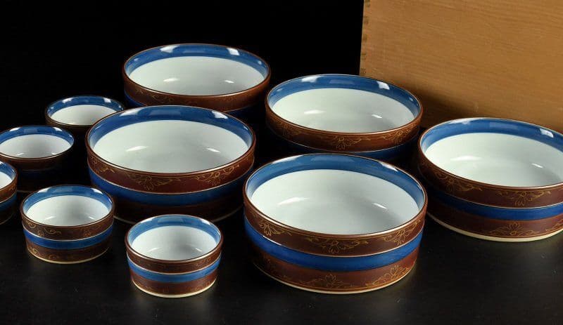 館林源右衛門　染錦金襴手　大、小各五客　共箱①