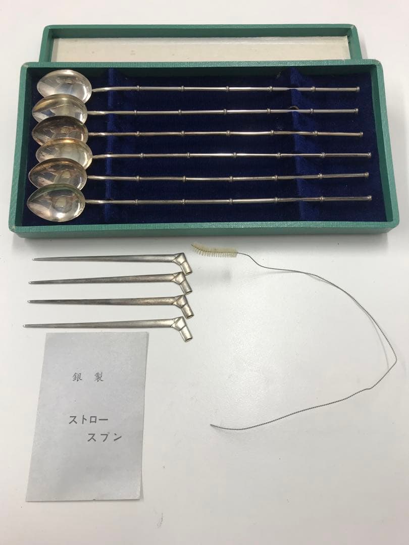 銀製 ストロースプーン デザートピック カトラリーセット ストロー用ブラシ付き