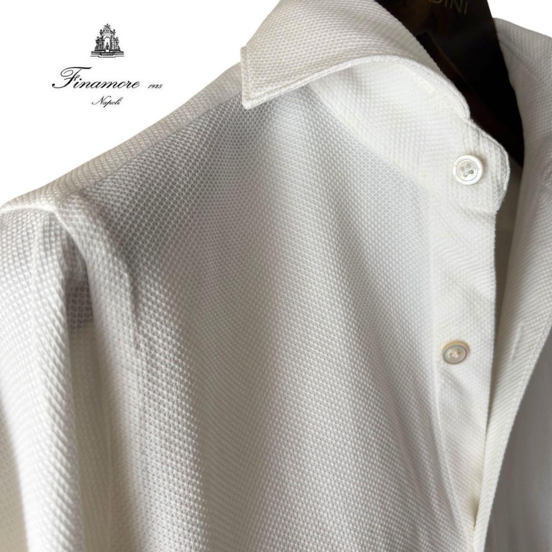 定番/Finamore/コットンワッフルシャツ/ホワイト