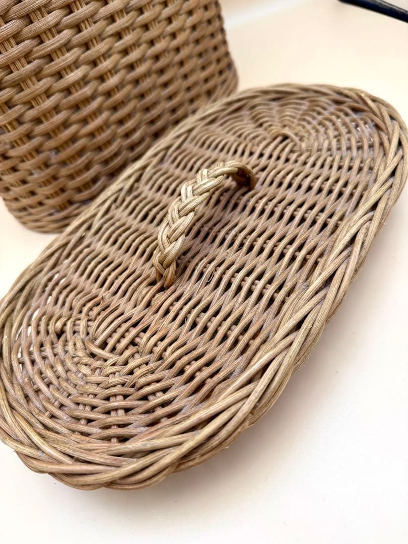 NY購入 ヴィンテージ ラタン バスケット 蓋付 内布 ランドリー 籠