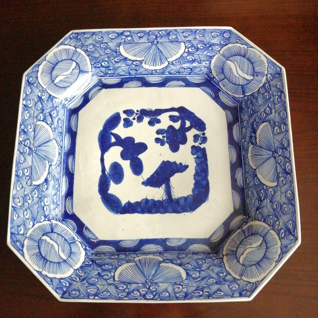古伊万里　染付線描隅切角大皿　39.5cm　幕末