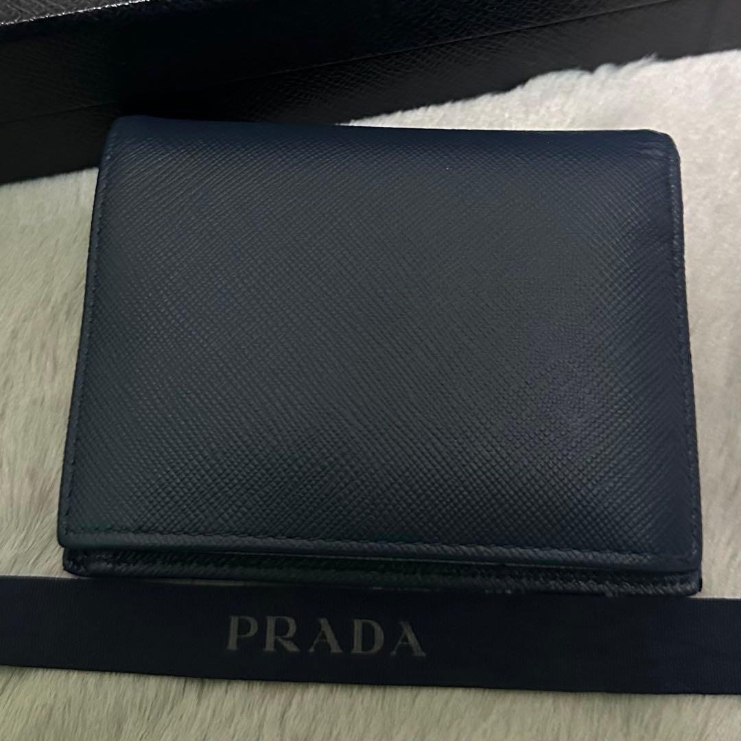 PRADA プラダ　折り財布　マルチカラー　ブルー　ロゴ金具　サフィアーノレザー