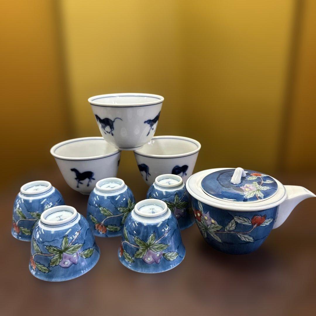 平安，京焼，有田焼，清水焼，茶道具セット 青色花柄 急須 茶碗 湯呑み