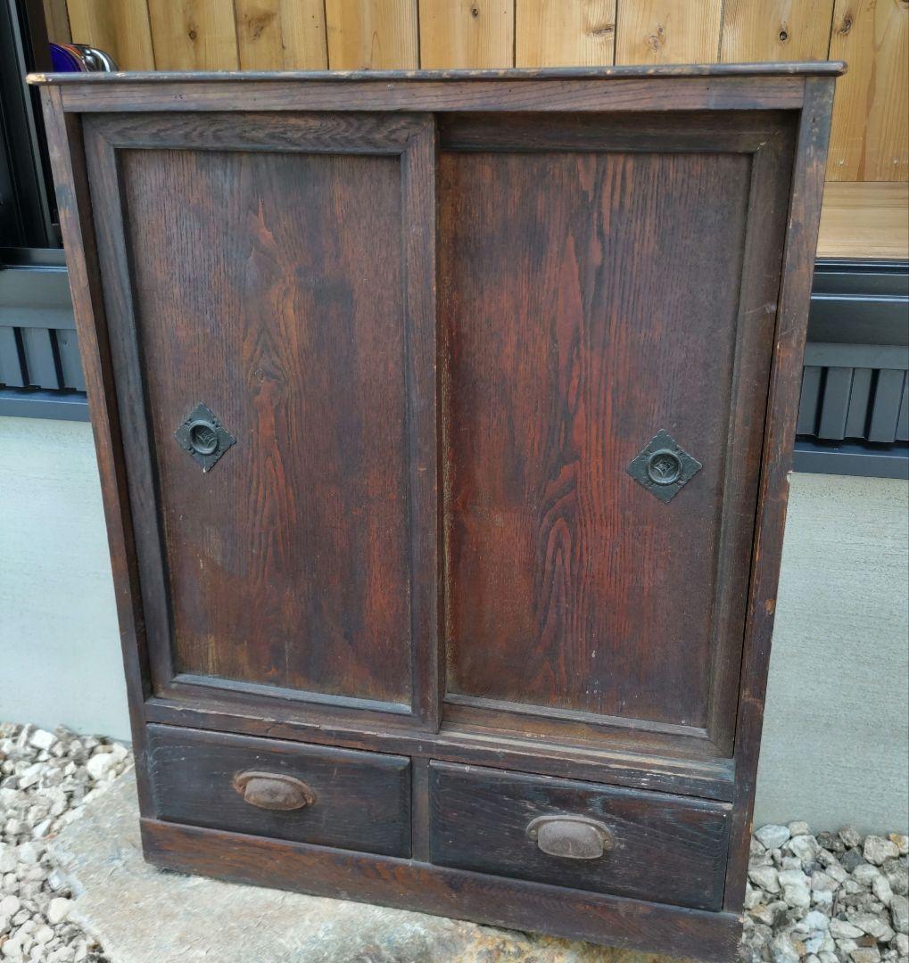 大正昭和　木製引き戸収納キャビネット　古民家　古本雑貨　アンティーク抽斗家具