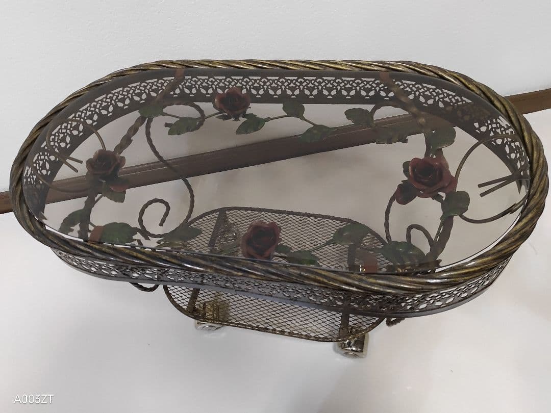 ガラステーブル 薔薇 サイドテーブル ゴールド キャスター付き