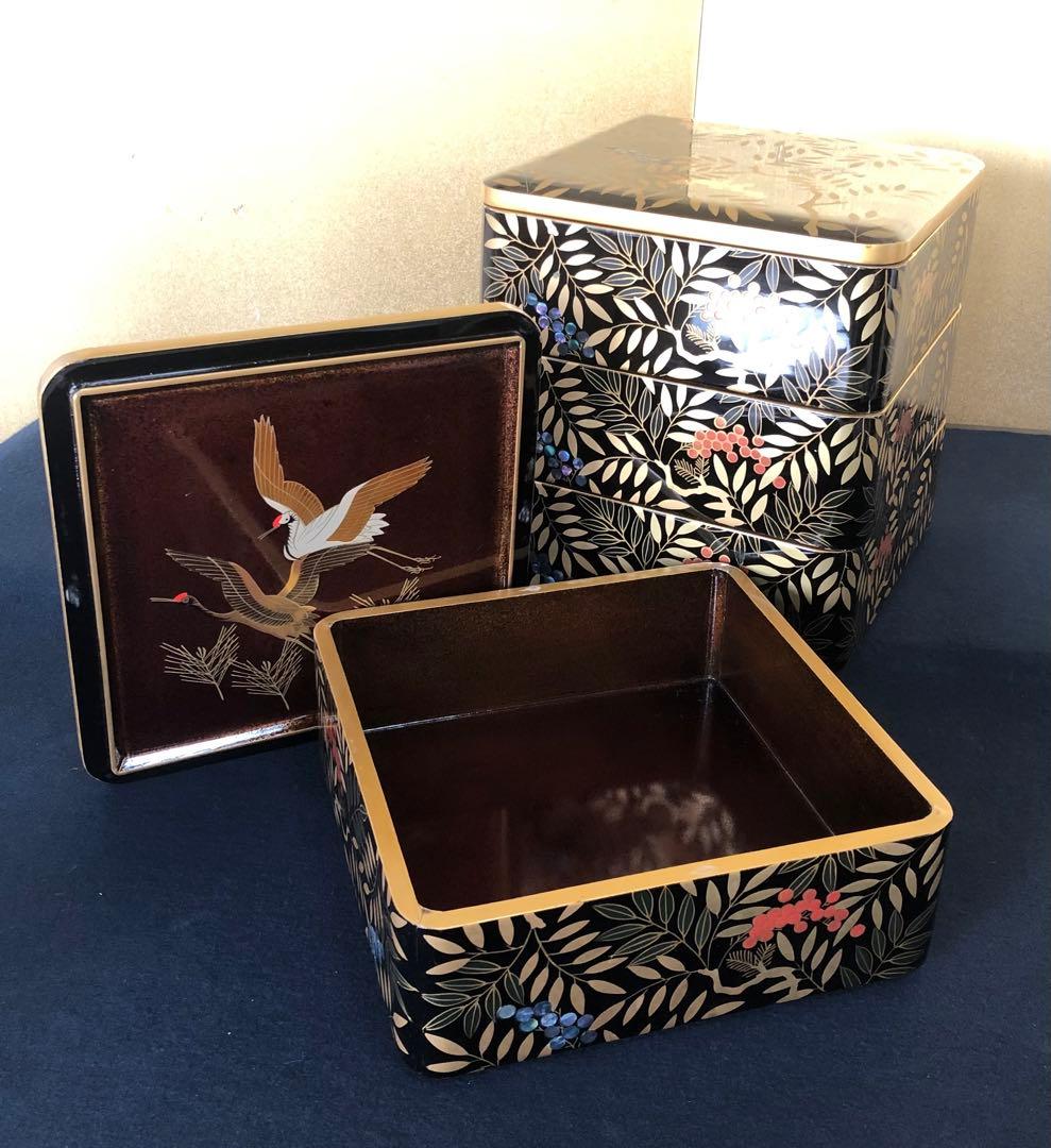 《R》黒内梨地 総蒔絵 螺鈿 南天 鶴若松 四段重 替蓋 260121き6