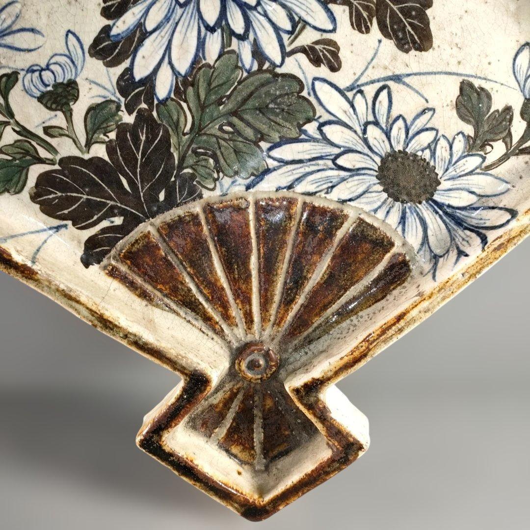 A1348-5/尾形乾山/扇形花画大皿/飾大皿/尺皿/絵皿/盛皿/床飾/額皿/