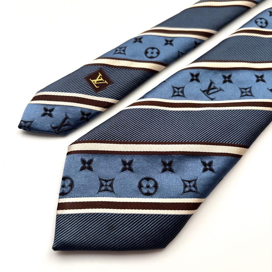 ꧁美品꧂ ルイヴィトン ネクタイ モノグラム LVロゴ ストライプ ブルー 光沢
