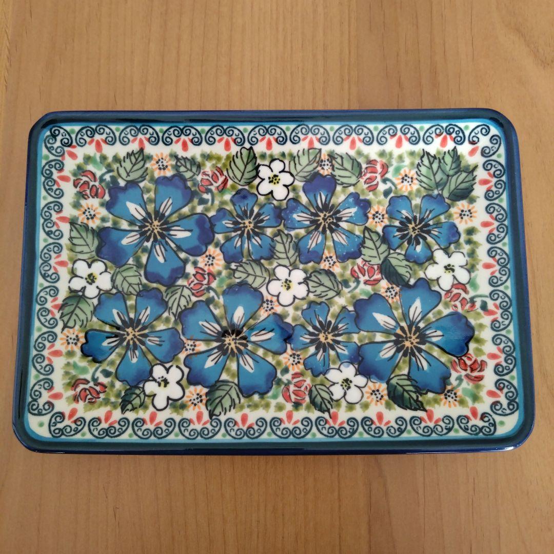ポーリッシュポタリー 長方形のお皿 大 (水色の花)