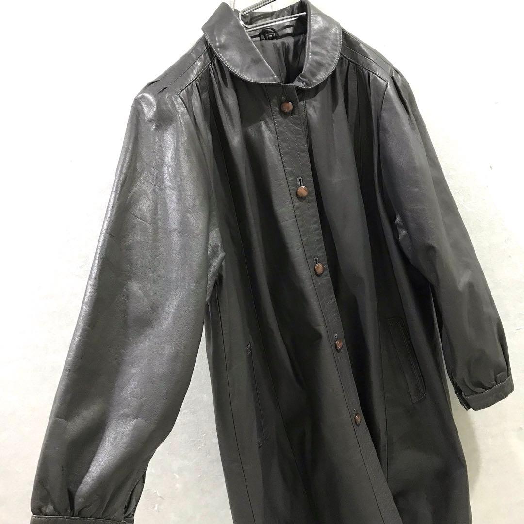90s 本革 牛革 デザイン 丸襟 レザーコート ヴィンテージ フリー