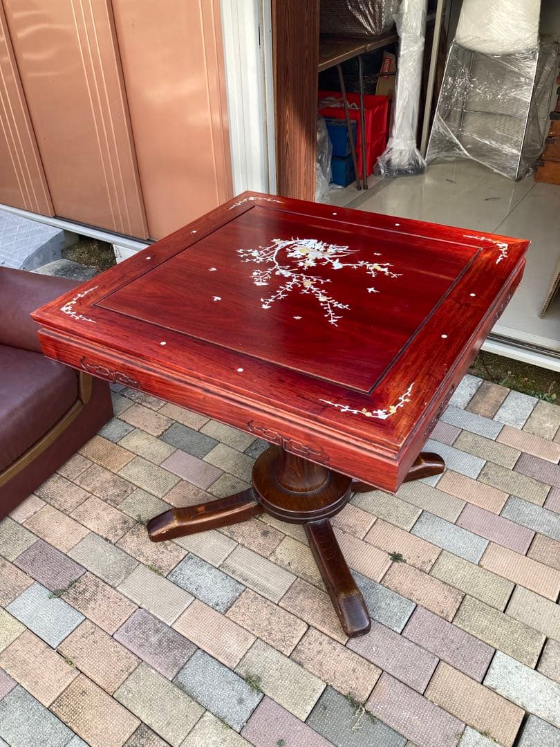 アンティーク　螺鈿ダイニングテーブル　正方形　一本脚　850×850