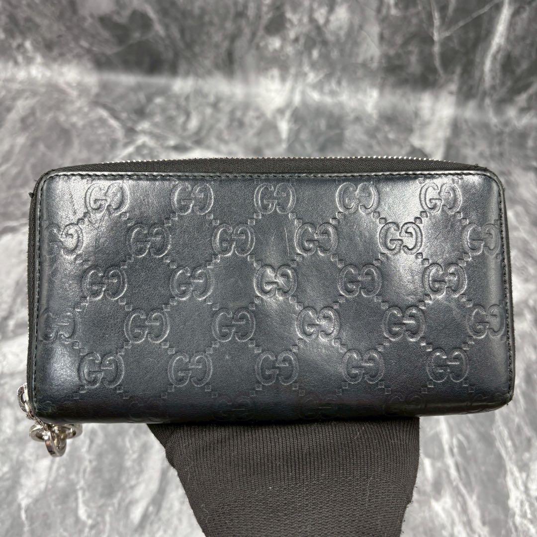 グッチ 長財布 GG シマ ラウンドジップ レザー インターロッキング チャーム