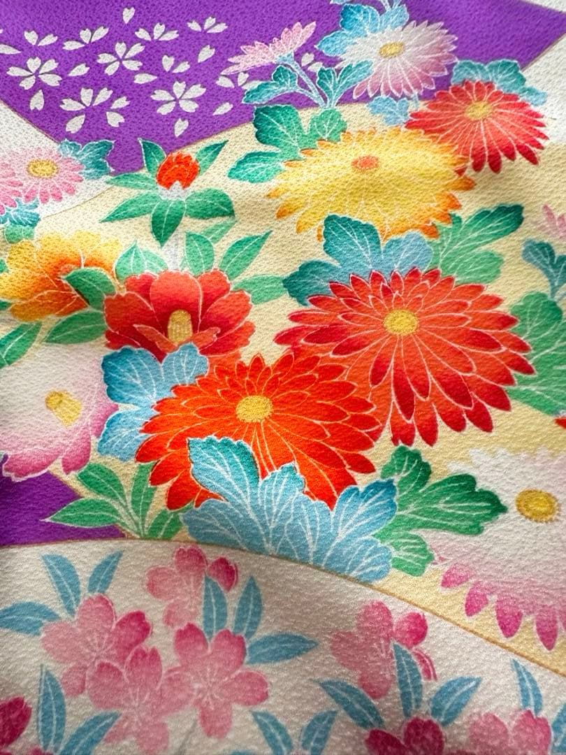 女の子 お祝い着 振袖 四季花模様 着物と帯のセット 七五三 レトロ 紫色