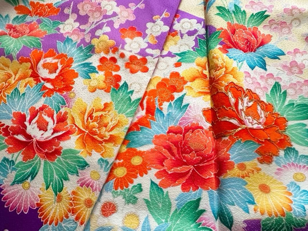 女の子 お祝い着 振袖 四季花模様 着物と帯のセット 七五三 レトロ 紫色