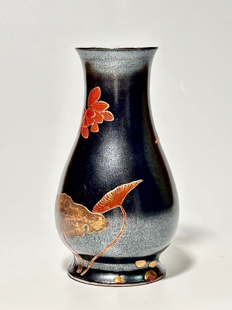 明治の名工 加藤五輔 錆釉蓮雀文小花瓶 瀬戸黒 美濃焼 瀬戸焼