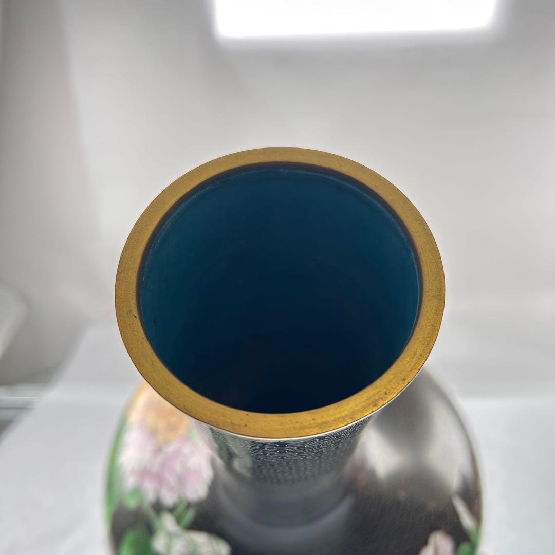 B021黒色手描き花柄陶器花瓶