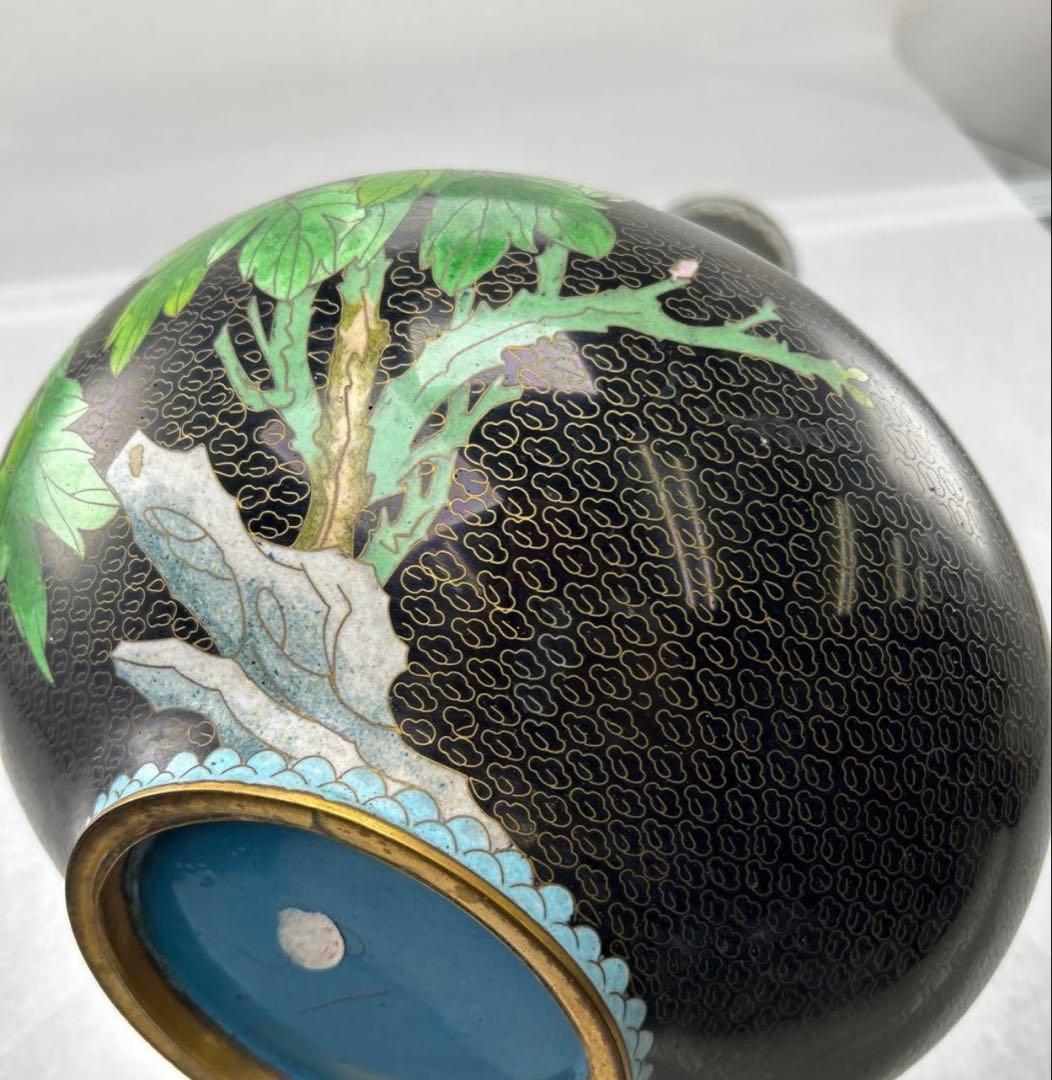 B021黒色手描き花柄陶器花瓶