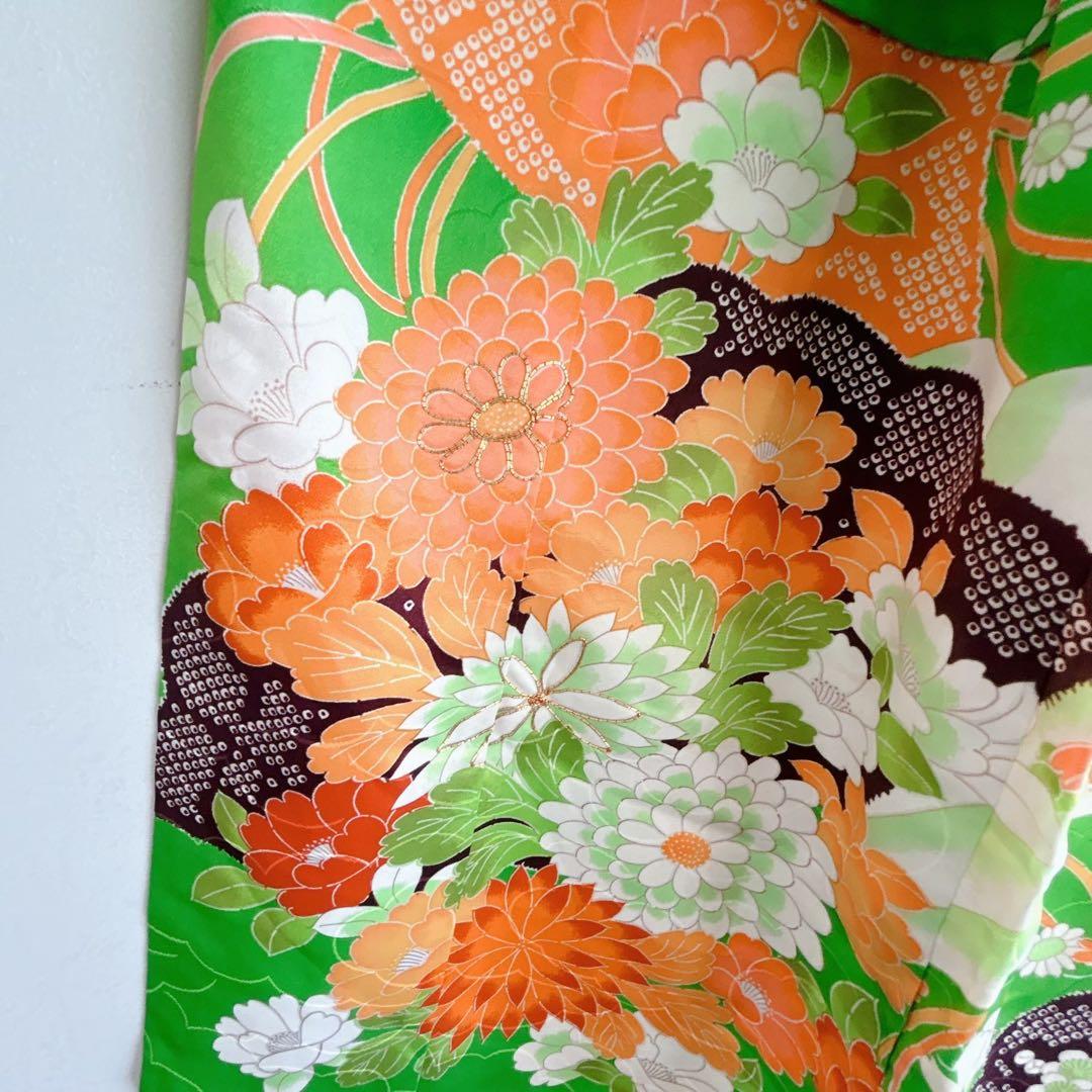 フルセット 七五三 7歳女の子 長着＆長襦袢＆帯＆小物　黄緑　絞り柄　組紐　花