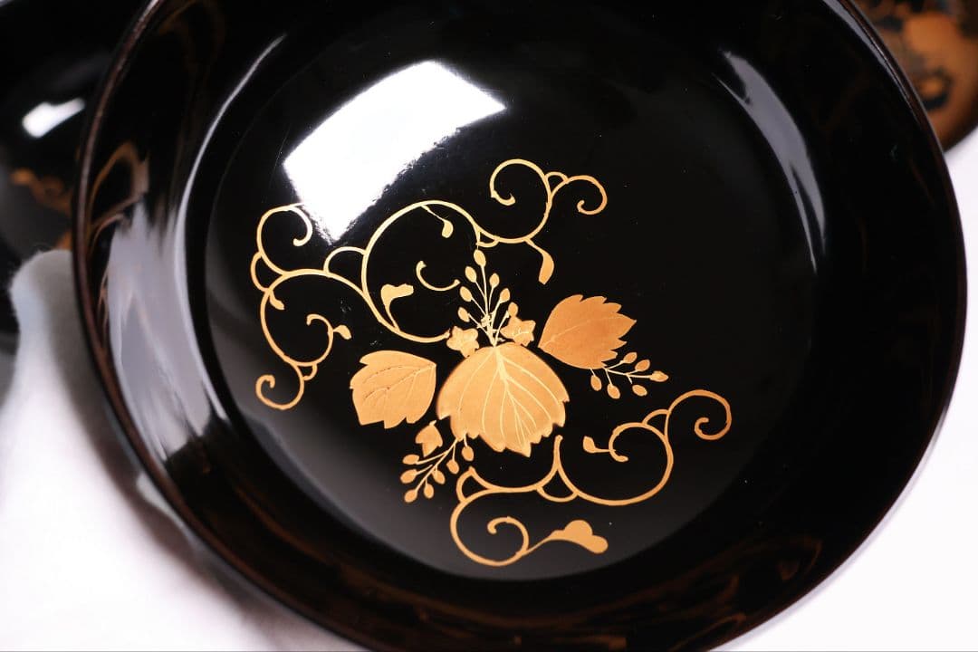 【MB193】天然木漆塗 鳳凰桐唐草 金蒔絵 黒塗 吸物椀 二客 大正昭和