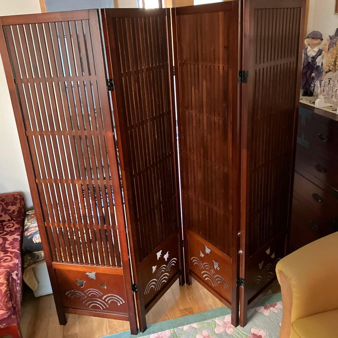 昭和レトロ　木製　和風　衝立　四連折りたたみ