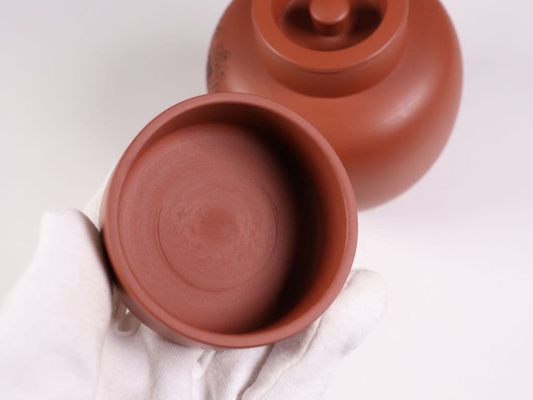 煎茶道具 陶元 常滑焼 朱泥 茶壺 梅彫紋 扇面寿 茶壷 茶入 陶芸 MB21