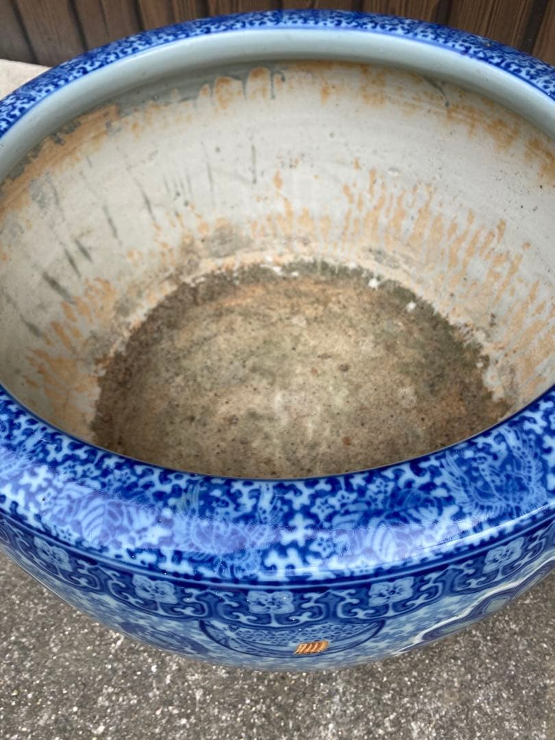 特大　火鉢　陶器鉢　睡蓮鉢　染付　有田焼　在銘　花　金魚鉢　骨董　アンティーク