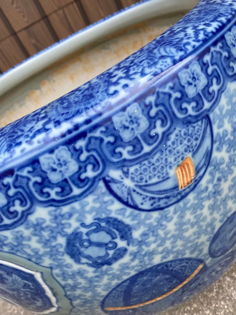 特大　火鉢　陶器鉢　睡蓮鉢　染付　有田焼　在銘　花　金魚鉢　骨董　アンティーク