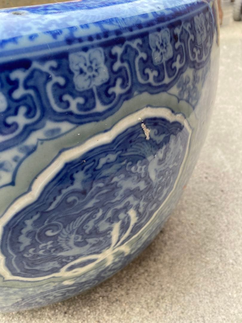 特大　火鉢　陶器鉢　睡蓮鉢　染付　有田焼　在銘　花　金魚鉢　骨董　アンティーク