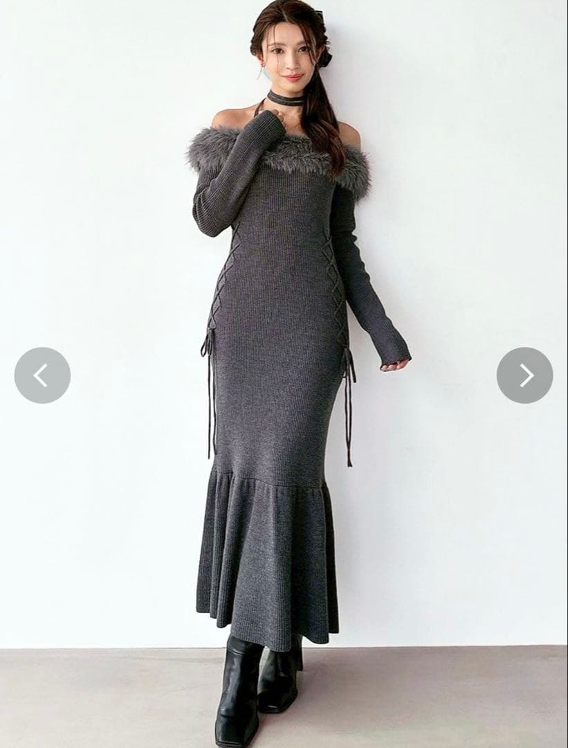 【新品】resexxy フェイクファートリムニットワンピース チャコールグレー