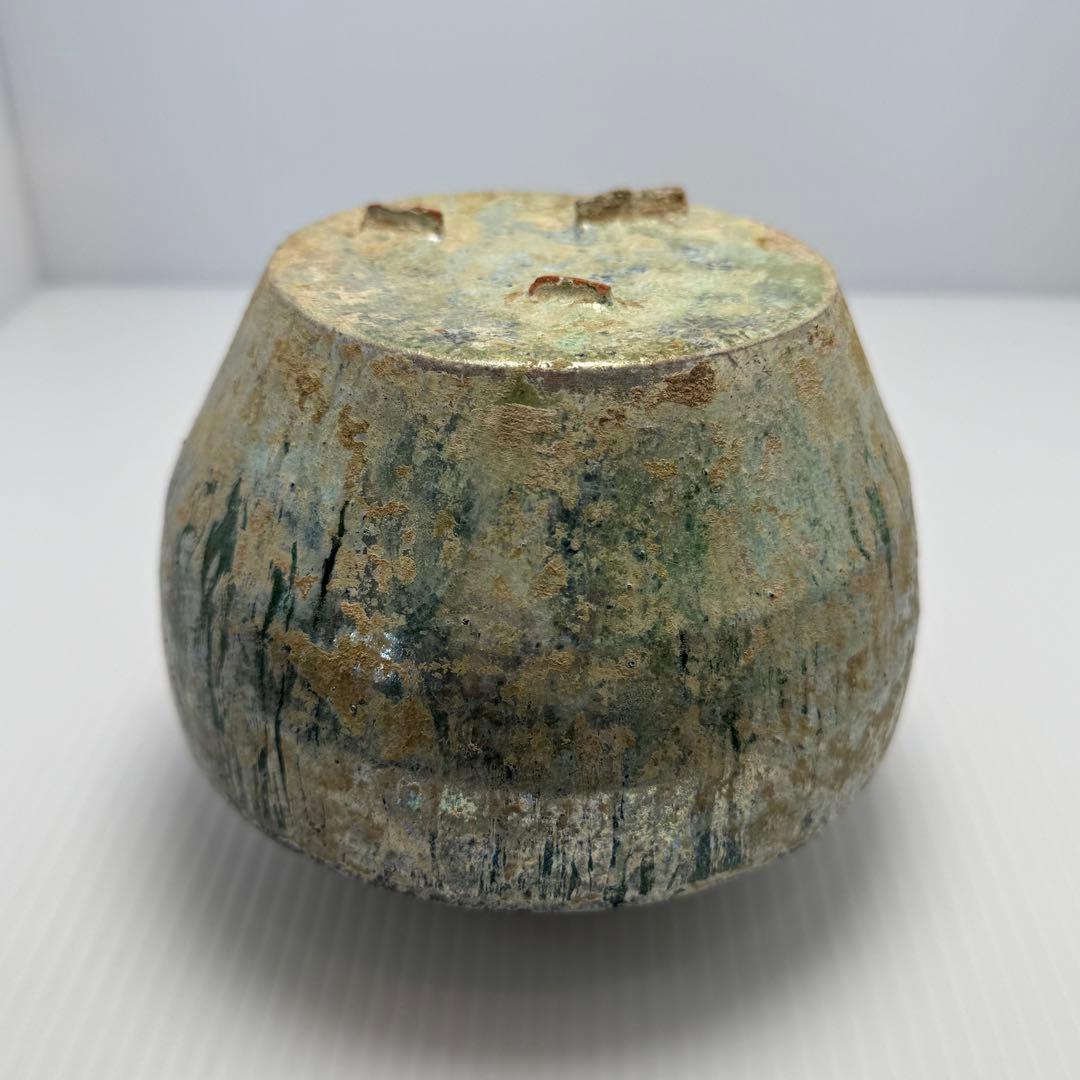 希少 中国 漢時代 漢緑釉 銀化小壺 壺 共箱付 土 泥 付き