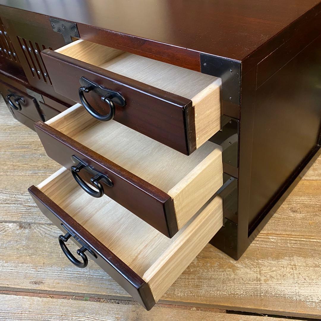 訳あり品！【139】民芸家具桐材天然無垢和引き戸付きチェスト横長テレビ台飾り棚