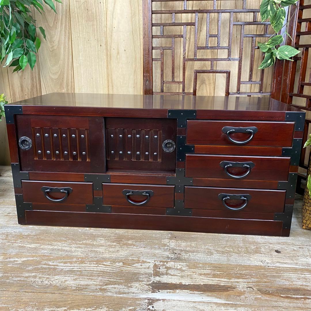 訳あり品！【139】民芸家具桐材天然無垢和引き戸付きチェスト横長テレビ台飾り棚