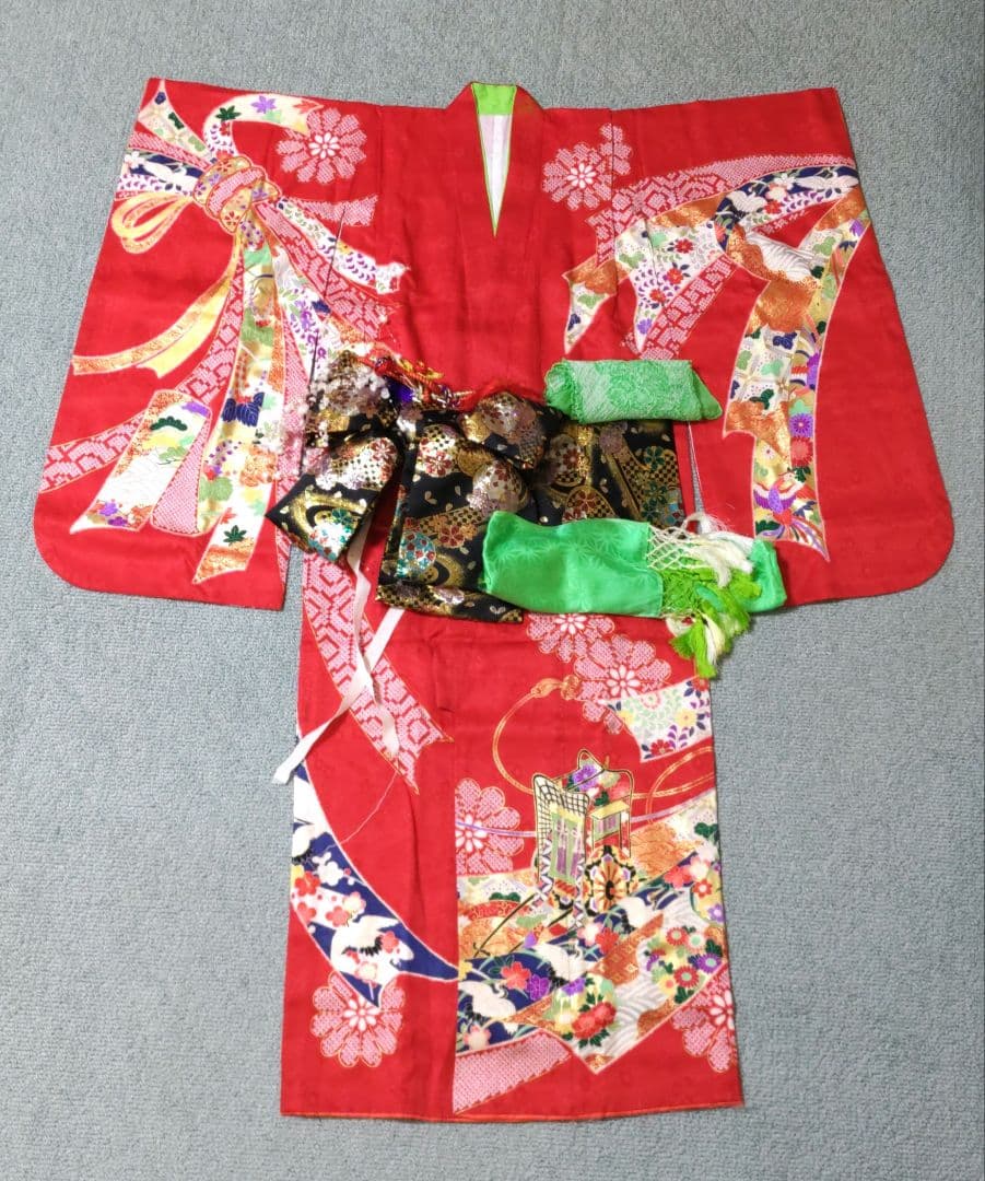 七五三 7歳　女児　お着物フルセット&髪飾り　赤系